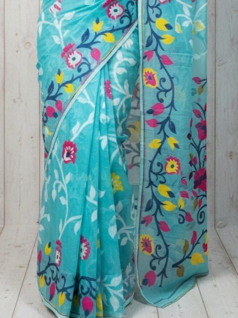 Lota Pata Soft Dhakai Jamdani Saree with Blouse Piece - Light Sea Green
