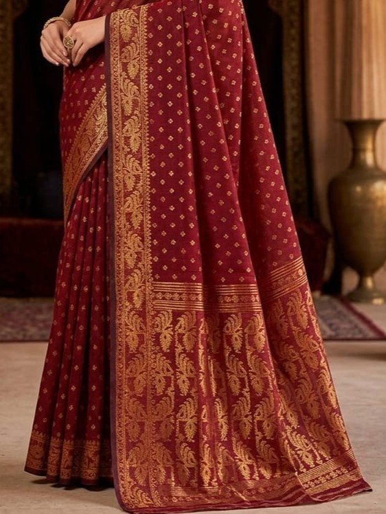 Allover Buti Soft Dhakai Jamdani Sari with Blouse Piece - Maroon