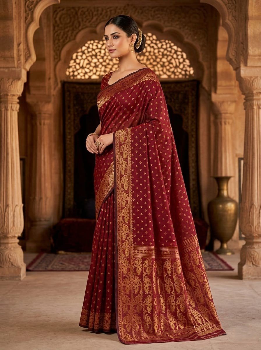 Allover Buti Soft Dhakai Jamdani Sari with Blouse Piece - Maroon