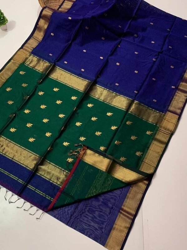 Maheshwari Design Handloom Cotton Silk Sari with Blouse Piece - Navy Blue