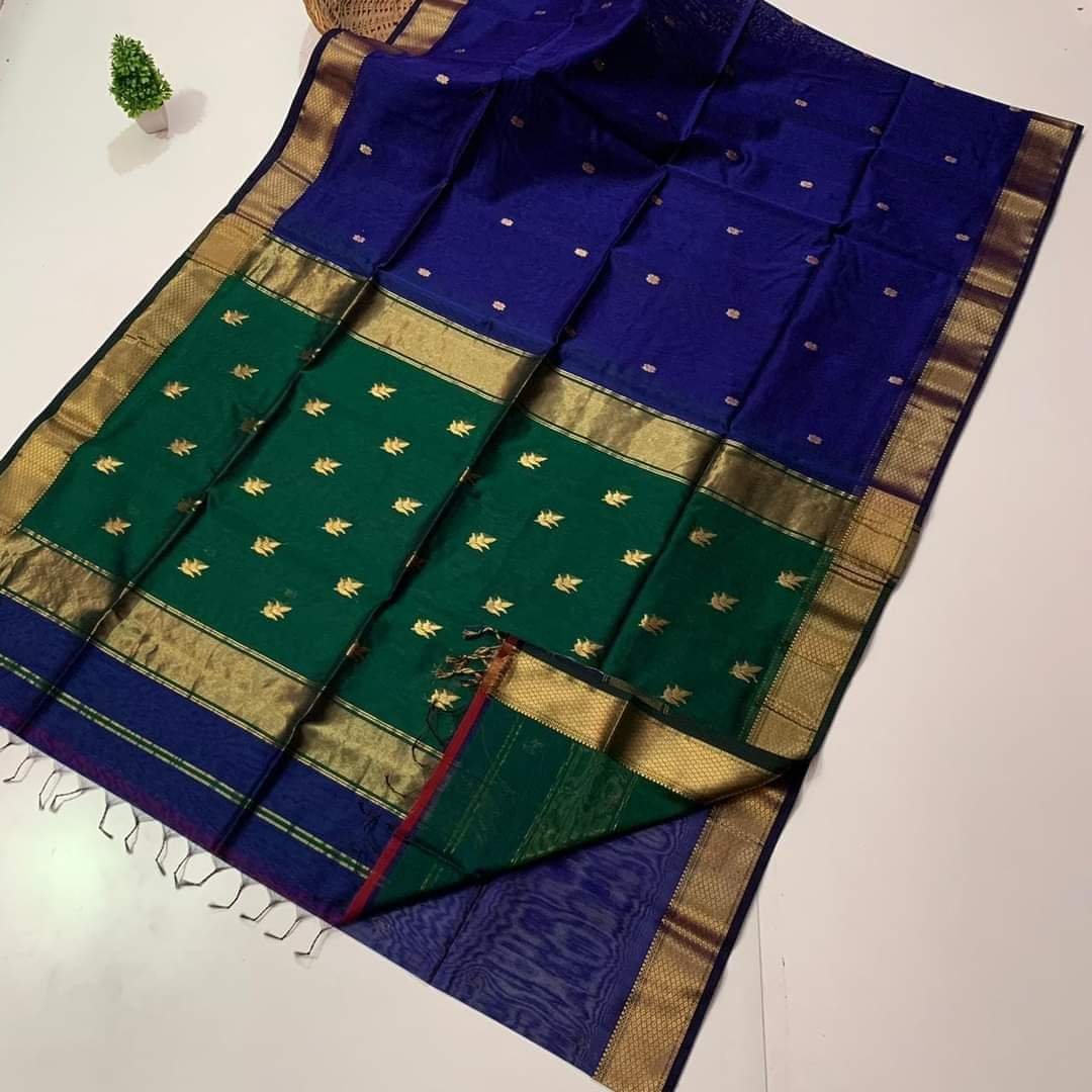Maheshwari Design Handloom Cotton Silk Sari with Blouse Piece - Navy Blue
