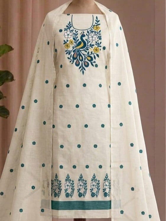 Peacock Design Unstitched Soft 2 Piece Salwar Set - Off White