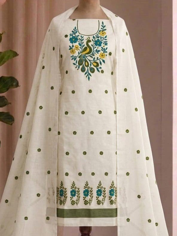 Peacock Design Unstitched Soft 2 Piece Salwar Set - Off White