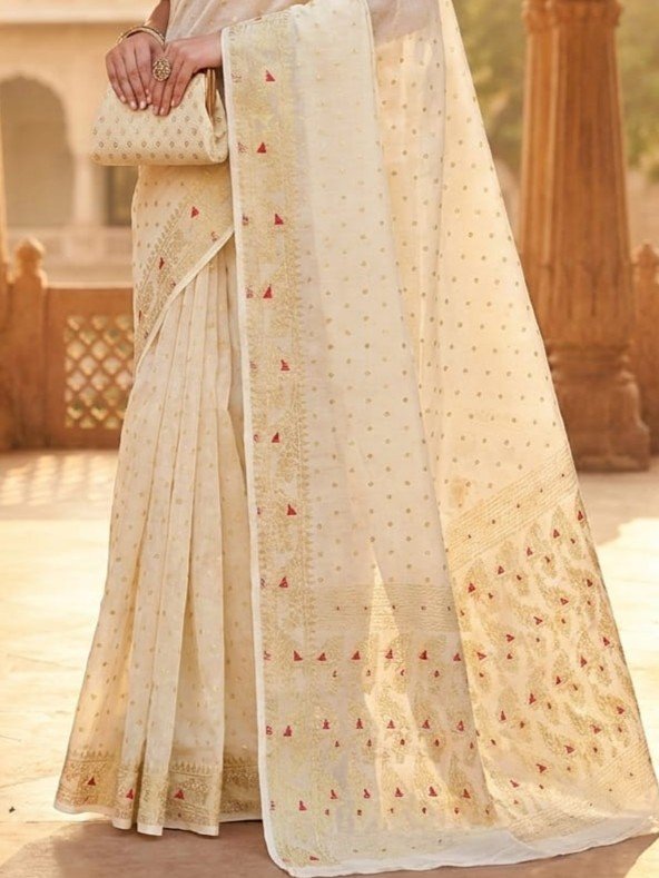 Allover Buti Soft Dhakai Jamdani Sari with Blouse Piece - Off White