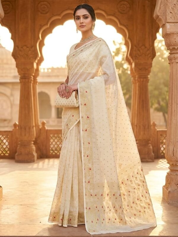 Allover Buti Soft Dhakai Jamdani Sari with Blouse Piece - Off White