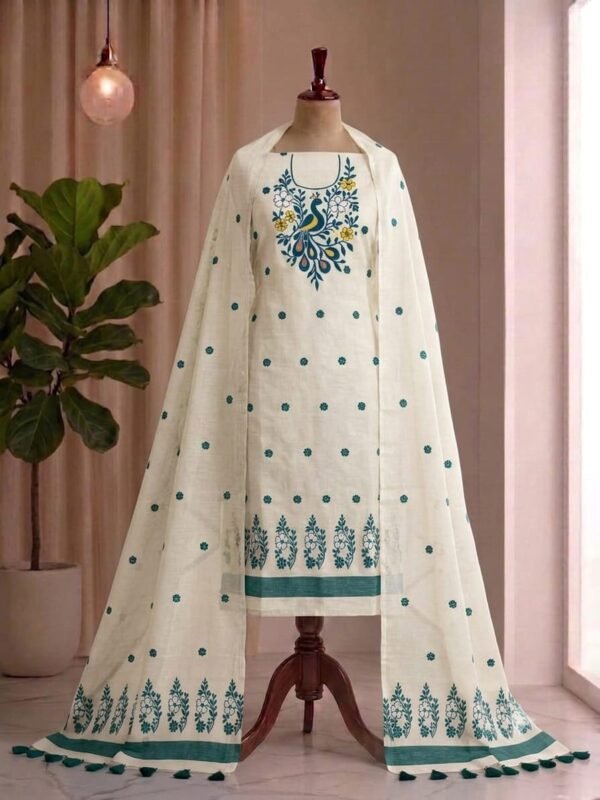 Peacock Design Unstitched Soft 2 Piece Salwar Set - Off White