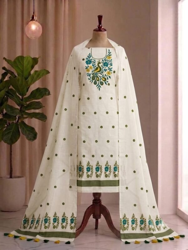 Peacock Design Unstitched Soft 2 Piece Salwar Set - Off White