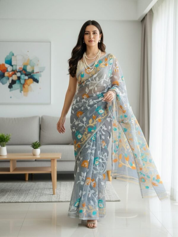 Lota Pata Soft Dhakai Jamdani Saree with Blouse Piece - Olso Grey