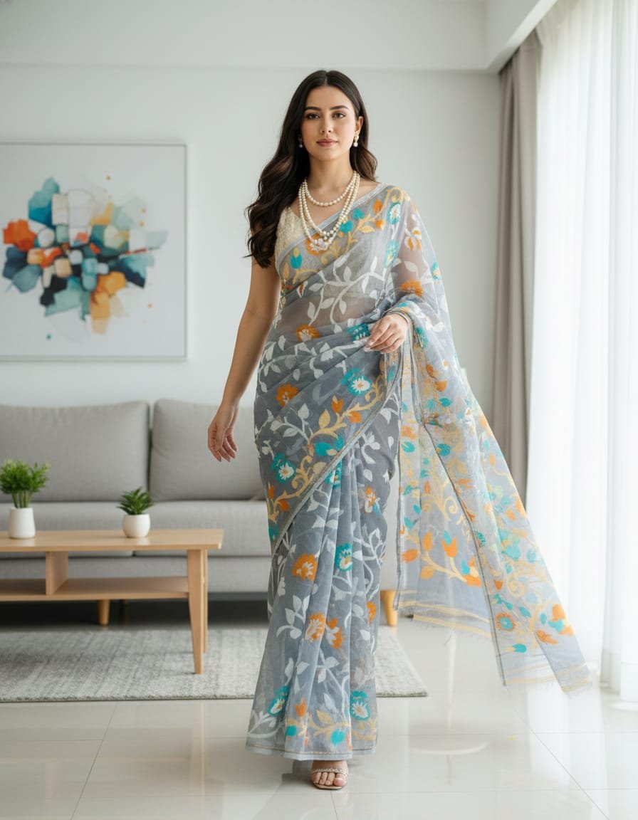 Lota Pata Soft Dhakai Jamdani Saree with Blouse Piece - Olso Grey
