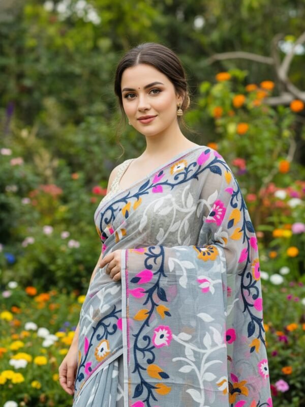 Lota Pata Soft Dhakai Jamdani Saree with Blouse Piece - Olso Grey