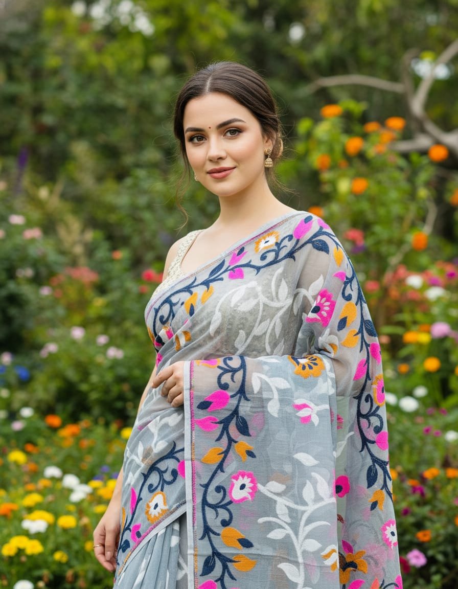 Lota Pata Soft Dhakai Jamdani Saree with Blouse Piece - Olso Grey
