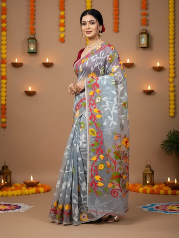 Lota Pata Soft Dhakai Jamdani Saree with Blouse Piece - Olso Grey