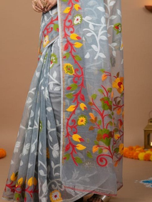 Lota Pata Soft Dhakai Jamdani Saree with Blouse Piece - Olso Grey