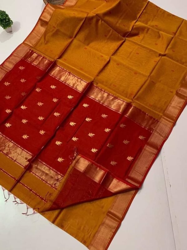 Maheshwari Design Handloom Cotton Silk Sari with Blouse Piece - Orange Brown