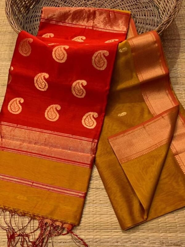 Maheshwari Design Handloom Cotton Silk Sari with Blouse Piece - Orange Brown