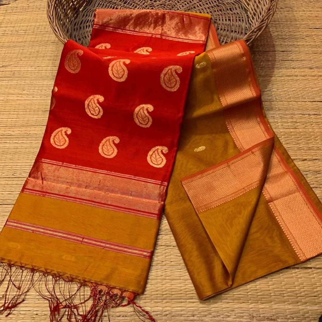 Maheshwari Design Handloom Cotton Silk Sari with Blouse Piece - Orange Brown