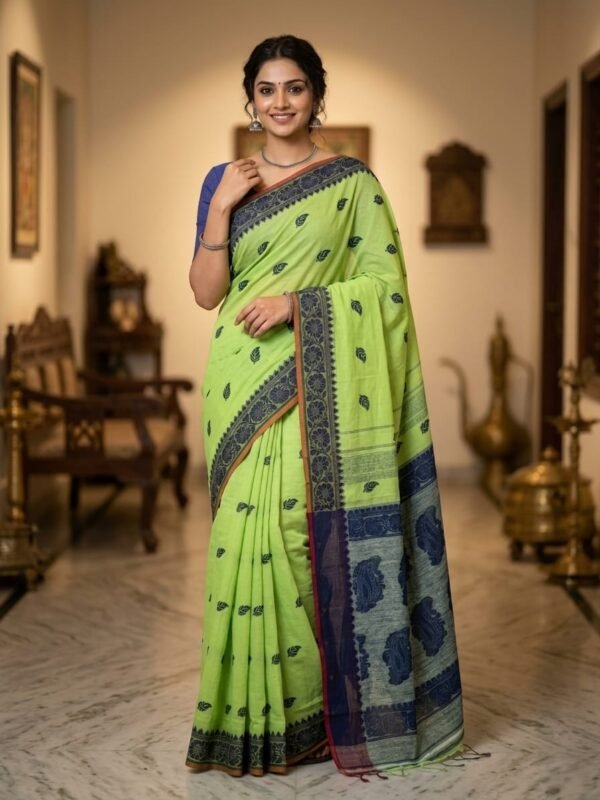 Nokshimala Design Soft Dhakai Jamdani Sari with Blouse Piece - Pale Olive Green
