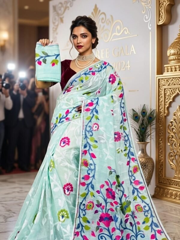 Lota Pata Soft Dhakai Jamdani Saree with Blouse Piece - Pale Teal