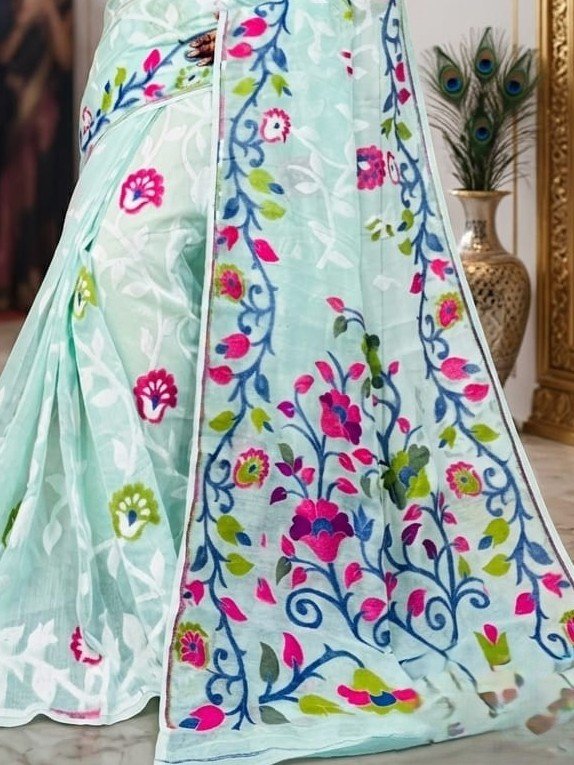 Lota Pata Soft Dhakai Jamdani Saree with Blouse Piece - Pale Teal