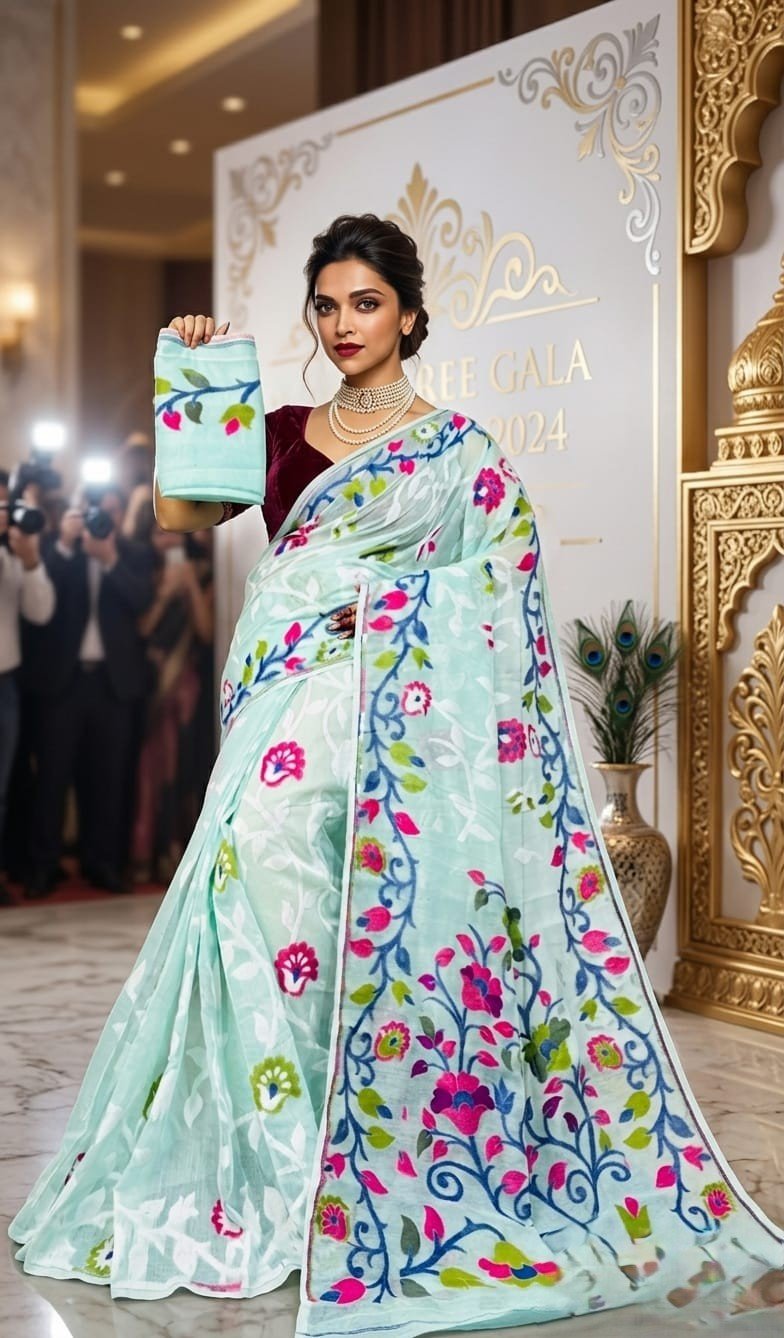 Lota Pata Soft Dhakai Jamdani Saree with Blouse Piece - Pale Teal