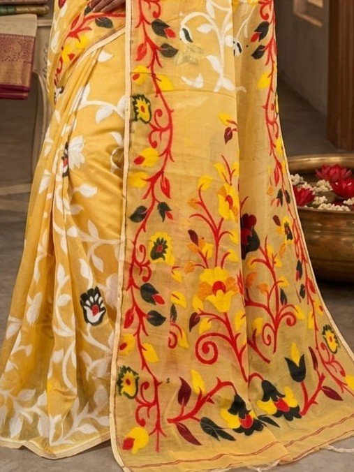 Lota Pata Soft Dhakai Jamdani Saree with Blouse Piece - Pastel Yellow