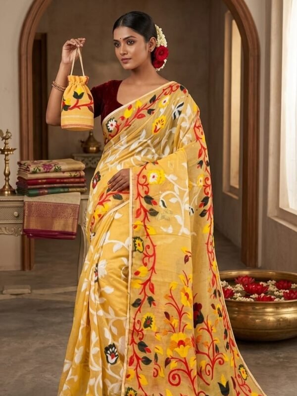 Lota Pata Soft Dhakai Jamdani Saree with Blouse Piece - Pastel Yellow
