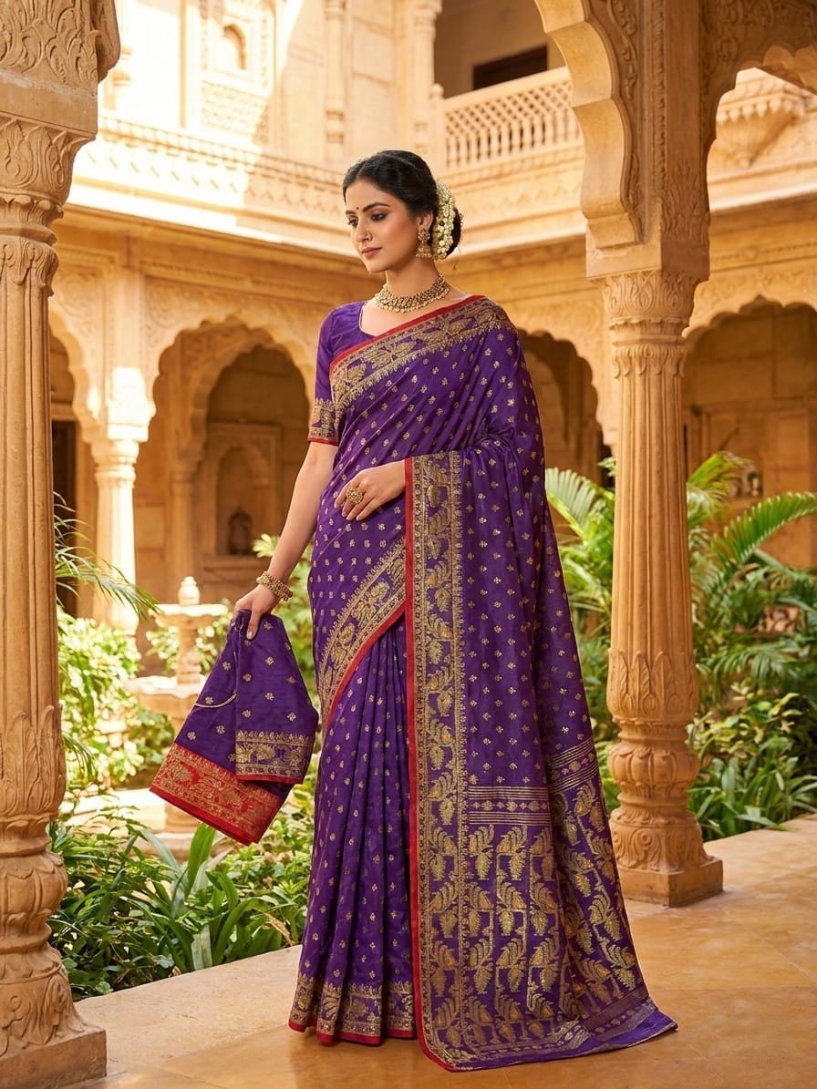 Allover Buti Soft Dhakai Jamdani Sari with Blouse Piece - Plum Purple