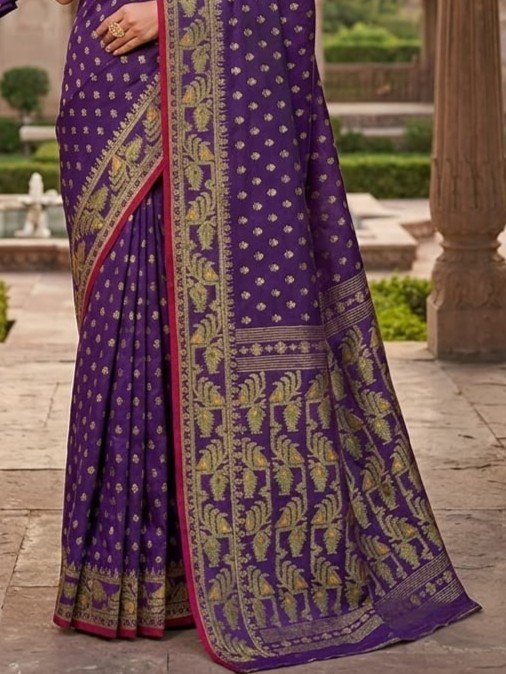 Allover Buti Soft Dhakai Jamdani Sari with Blouse Piece - Plum Purple