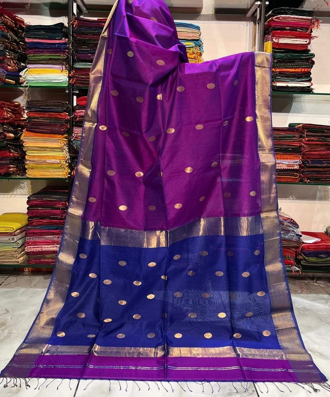 Maheshwari Design Handloom Cotton Silk Sari with Blouse Piece - Purple Jam