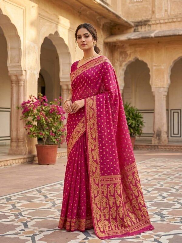 Allover Buti Soft Dhakai Jamdani Sari with Blouse Piece - Purplish Red