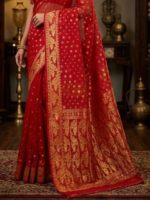 Allover Buti Soft Dhakai Jamdani Sari with Blouse Piece - Red