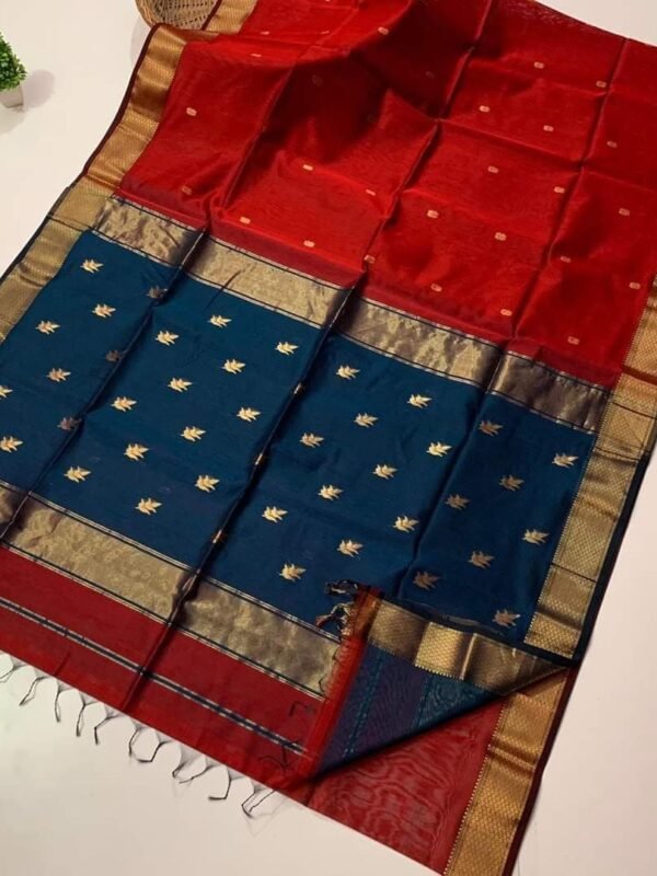 Maheshwari Design Handloom Cotton Silk Sari with Blouse Piece - Red