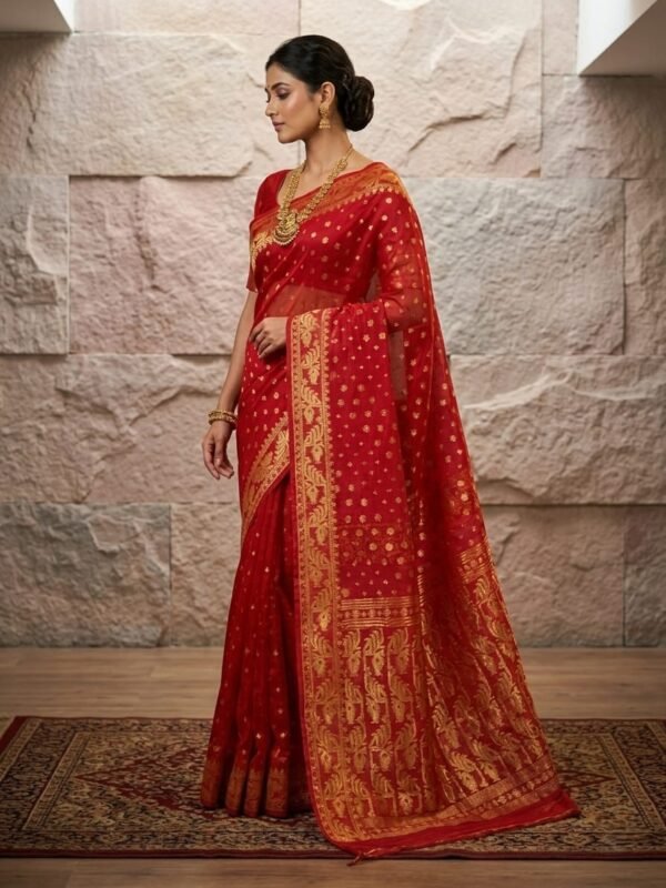 Allover Buti Soft Dhakai Jamdani Sari with Blouse Piece - Red