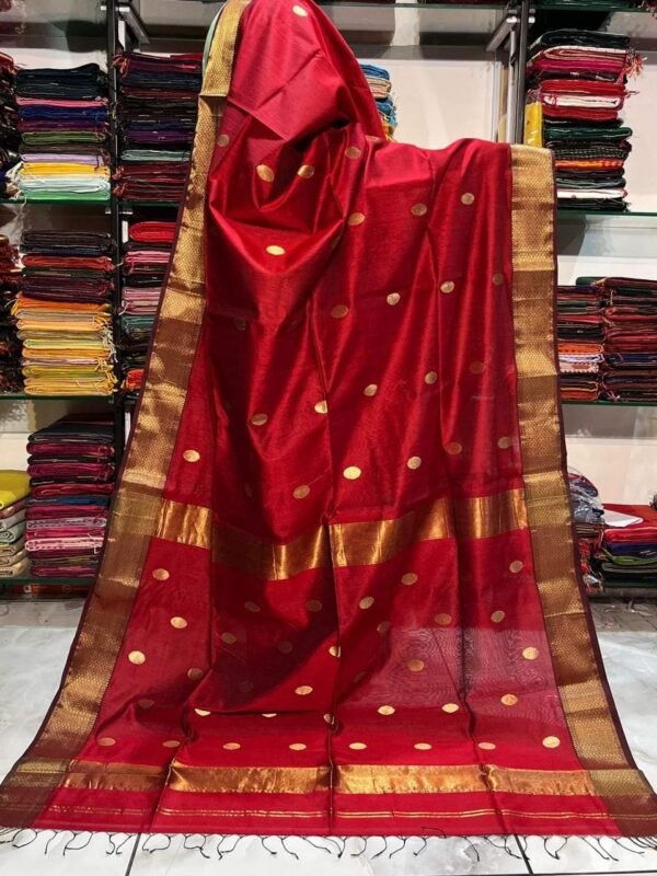 Maheshwari Design Handloom Cotton Silk Sari with Blouse Piece - Red