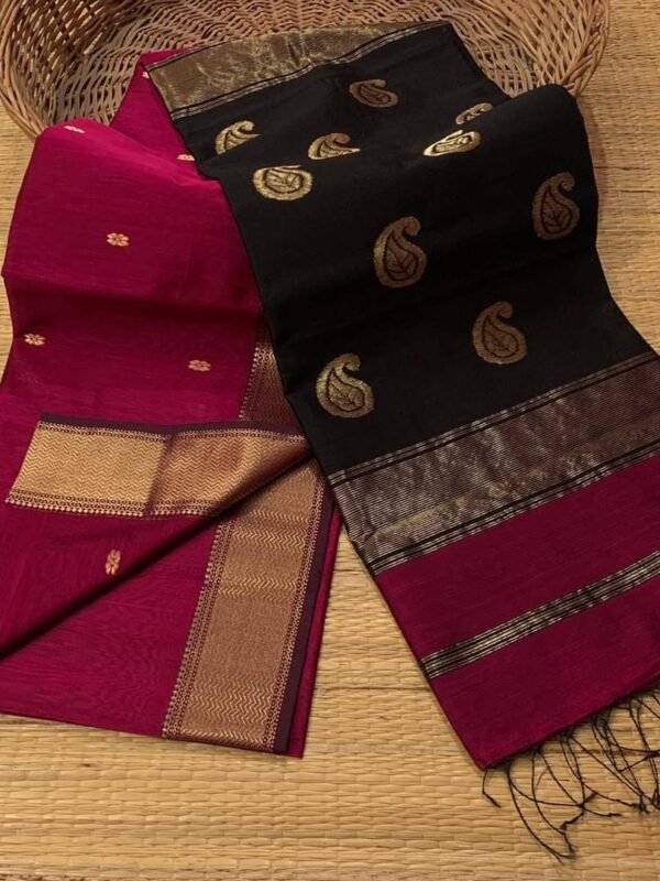 Maheshwari Design Handloom Cotton Silk Sari with Blouse Piece - Red Purple