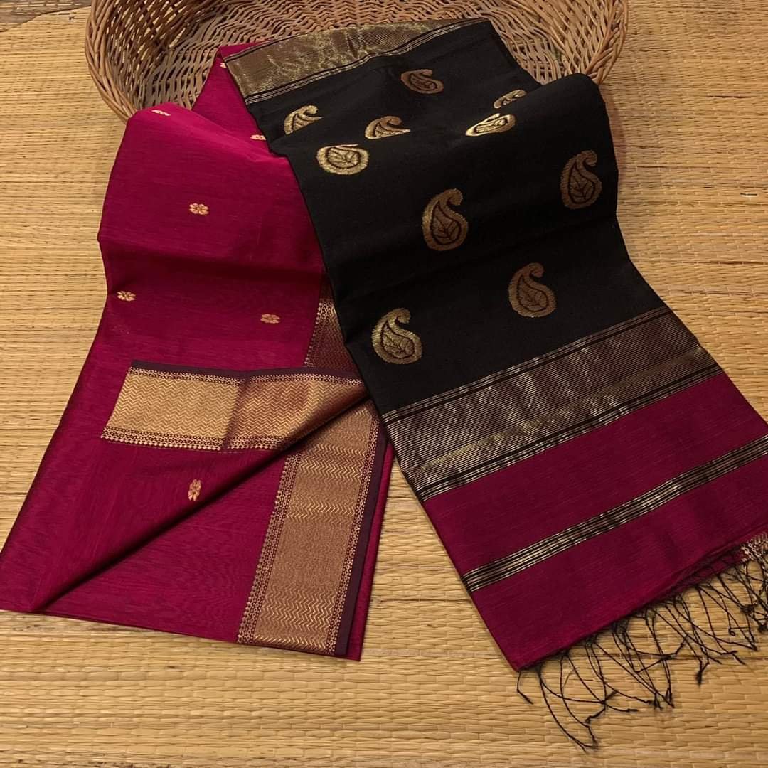 Maheshwari Design Handloom Cotton Silk Sari with Blouse Piece - Red Purple
