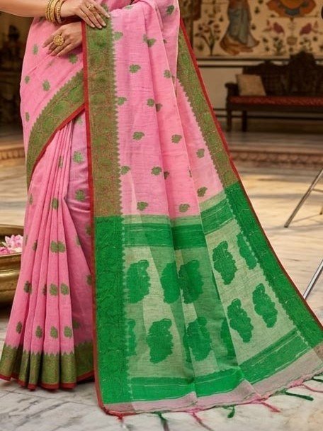 Nokshimala Design Soft Dhakai Jamdani Sari with Blouse Piece - Rose Pink