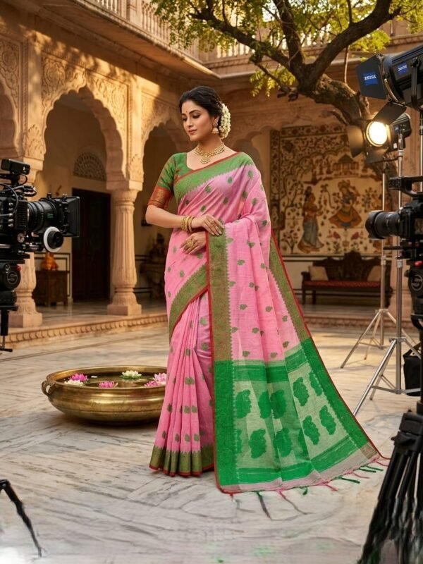 Nokshimala Design Soft Dhakai Jamdani Sari with Blouse Piece - Rose Pink