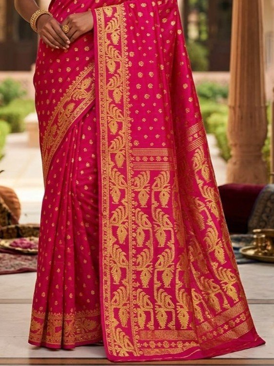 Allover Buti Soft Dhakai Jamdani Sari with Blouse Piece - Rose Red