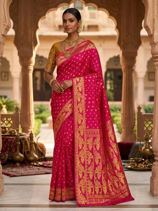 Allover Buti Soft Dhakai Jamdani Sari with Blouse Piece - Rose Red