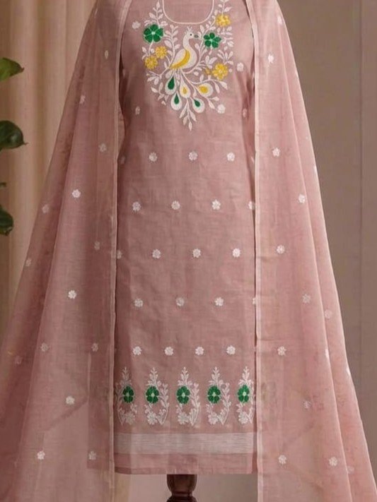 Peacock Design Unstitched Soft 2 Piece Salwar Set - Rose Taupe