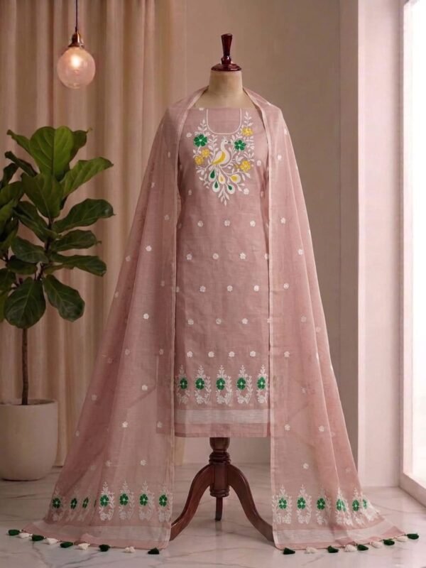 Peacock Design Unstitched Soft 2 Piece Salwar Set - Rose Taupe