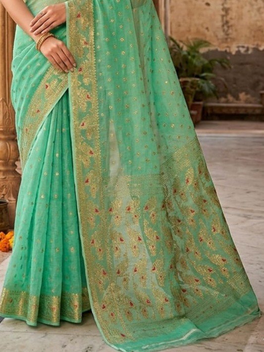 Allover Buti Soft Dhakai Jamdani Sari with Blouse Piece - Sea Green