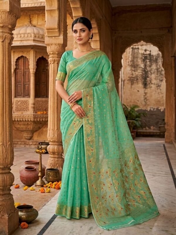 Allover Buti Soft Dhakai Jamdani Sari with Blouse Piece - Sea Green