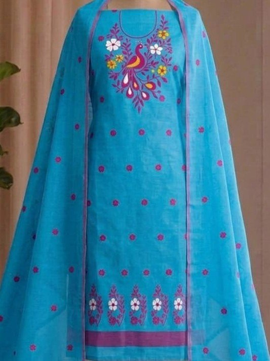 Peacock Design Unstitched Soft 2 Piece Salwar Set - Sky Blue