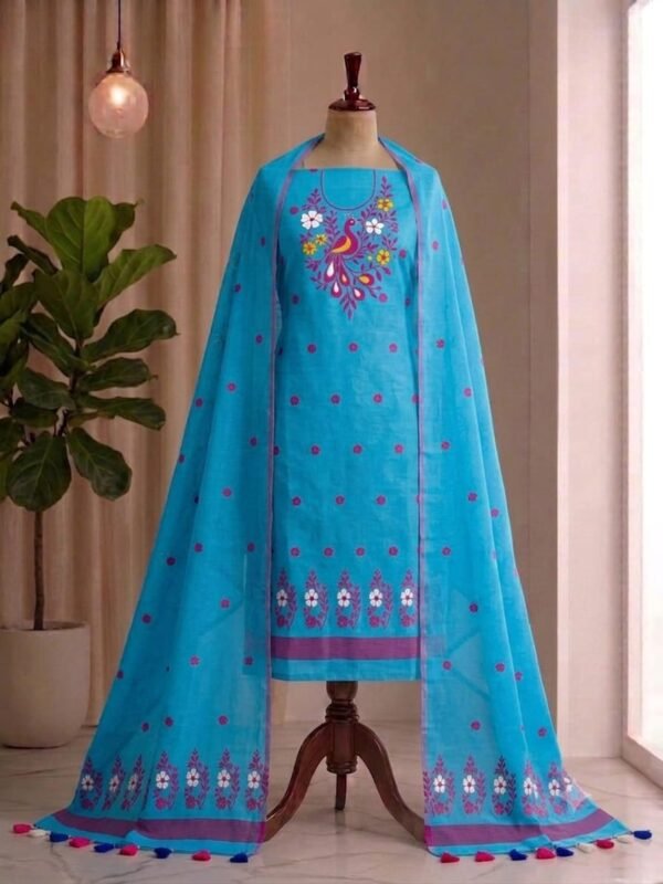Peacock Design Unstitched Soft 2 Piece Salwar Set - Sky Blue