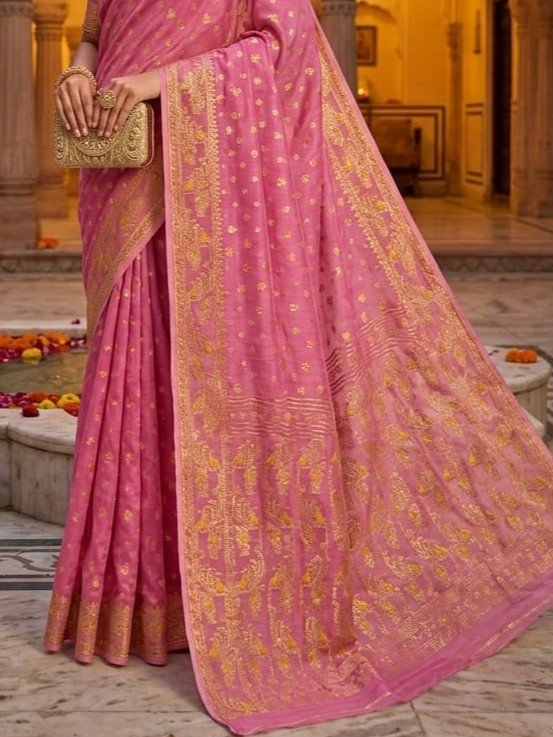 Allover Buti Soft Dhakai Jamdani Sari with Blouse Piece - Tulip Pink