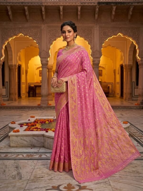 Allover Buti Soft Dhakai Jamdani Sari with Blouse Piece - Tulip Pink