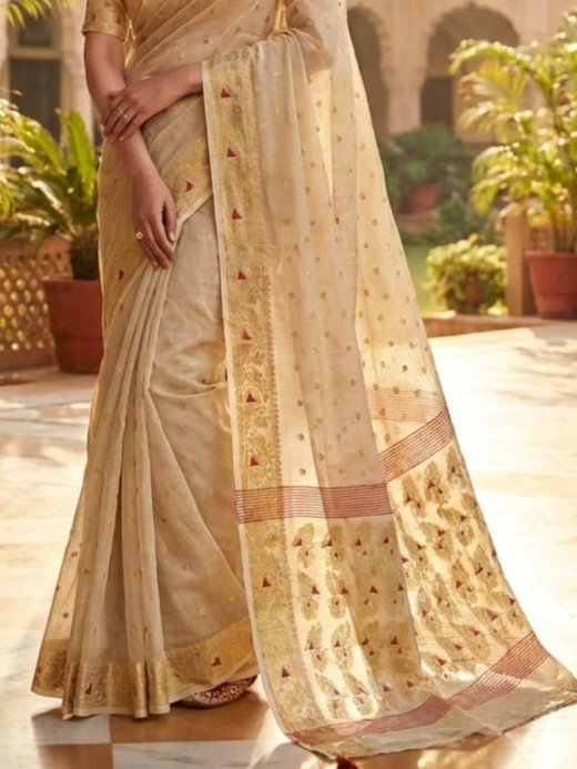 Allover Buti Soft Dhakai Jamdani Sari with Blouse Piece - Vanila