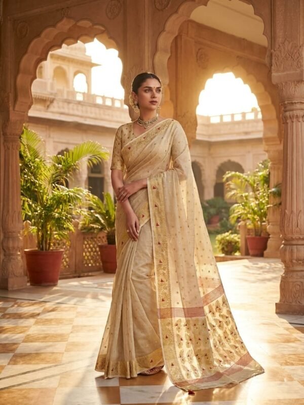 Allover Buti Soft Dhakai Jamdani Sari with Blouse Piece - Vanila